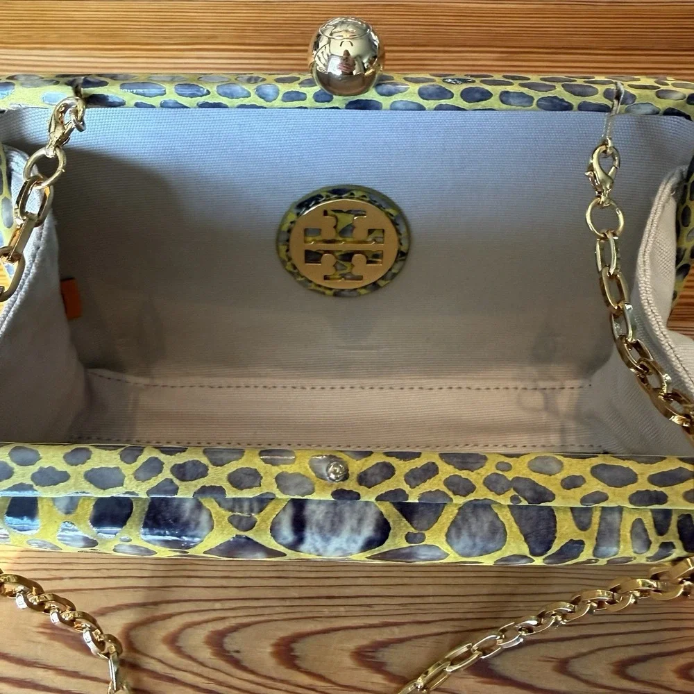 Tory Burch Handbag RARE Clutch Yellow Hard-side Leather Animal Print Chain Strap